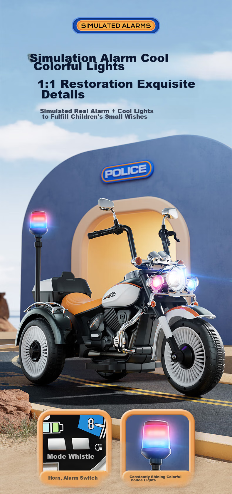 Babamama Children's Electric Motorcycle Tricycle for Ages 3-10, Rideable Police Car Toy for Boys And Girls, Baby Gift Vehicle 9