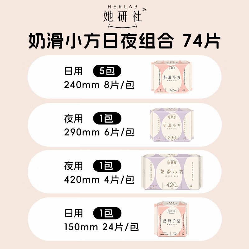 Herlab Smooth Soft Sanitary Pad Set, Ultra-Thin Day And Night Combination 74 Pieces, Ultra-Thin Menstrual Pads, Sold by JD