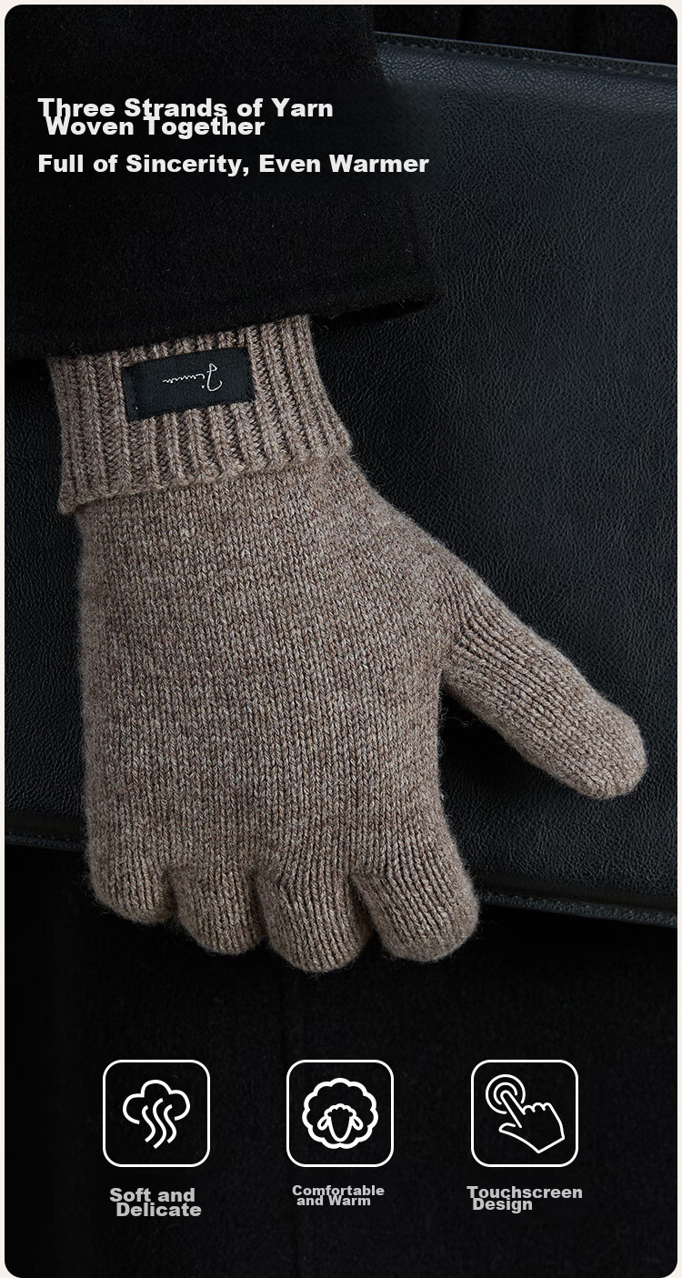 JIUMU 100% Wool Warm Gloves for Men, Winter Thickened Cold-Proof Touchscreen Compatible Knitted Woolen Gloves 6