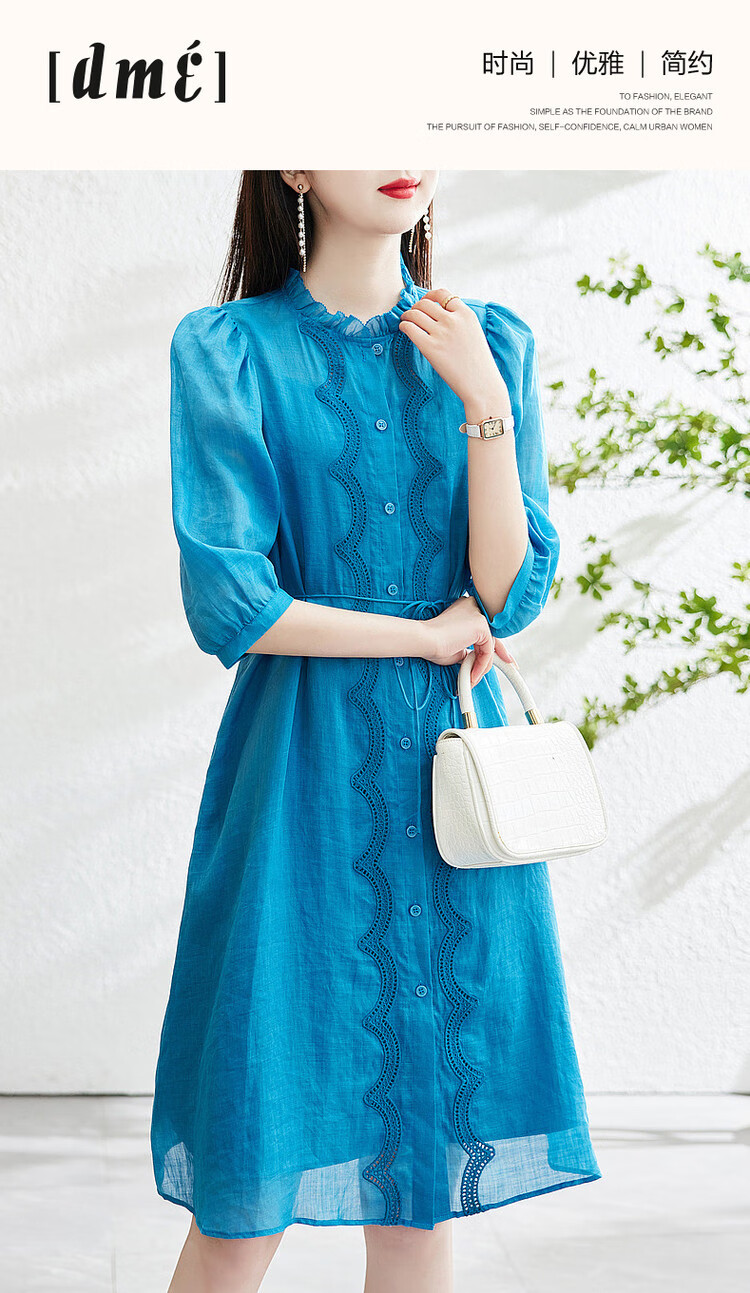 Dme [Breathable 100% Ramie] Spring And Autumn Natural Comfortable Round Neck Tie-Up Embroidered Three-Quarter Sleeve Dress 1