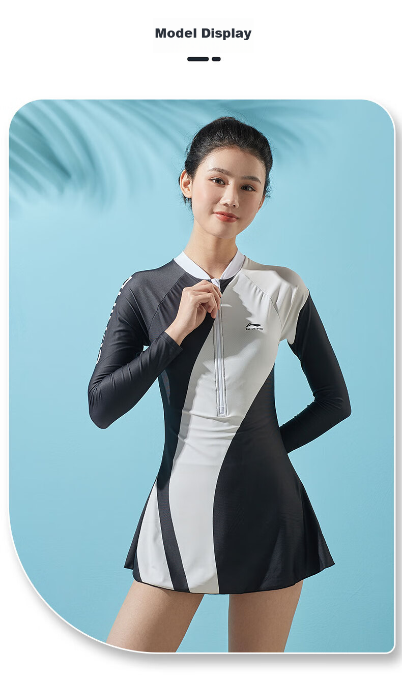 Li-Ning Women's One-Piece Swimsuit with Long Sleeves And Skirt, Color Block Design, High Elasticity, Breathable, Suitable for Hot Springs And Vacation, Swimwear 026 Black And White XXL 10