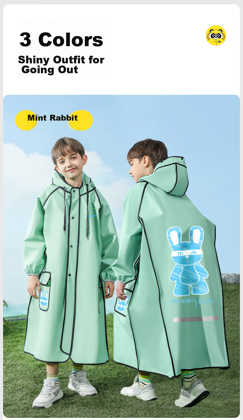 Moremerry Children's Raincoat for Boys And Girls with Backpack Space, Full-Body Waterproof Poncho for School-Age Kids, Pine Green Elephant Pattern, XL Size 11