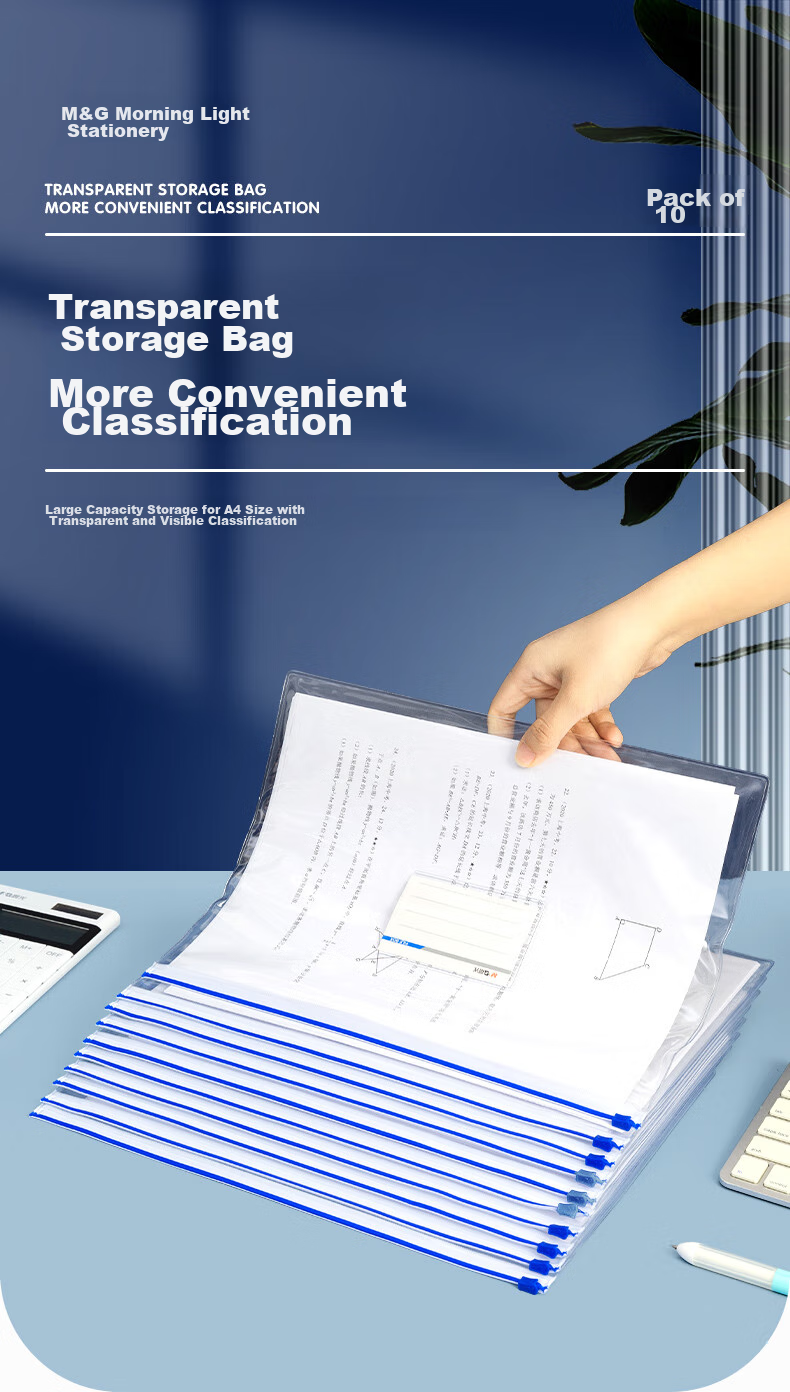 M&G Stationery A4 Transparent Side-Edge Pouches Student Zipper Bags Office Document Folders Student Exam Paper Receipt Storage Pouches 20-Pack Random Colors ADM94552 1