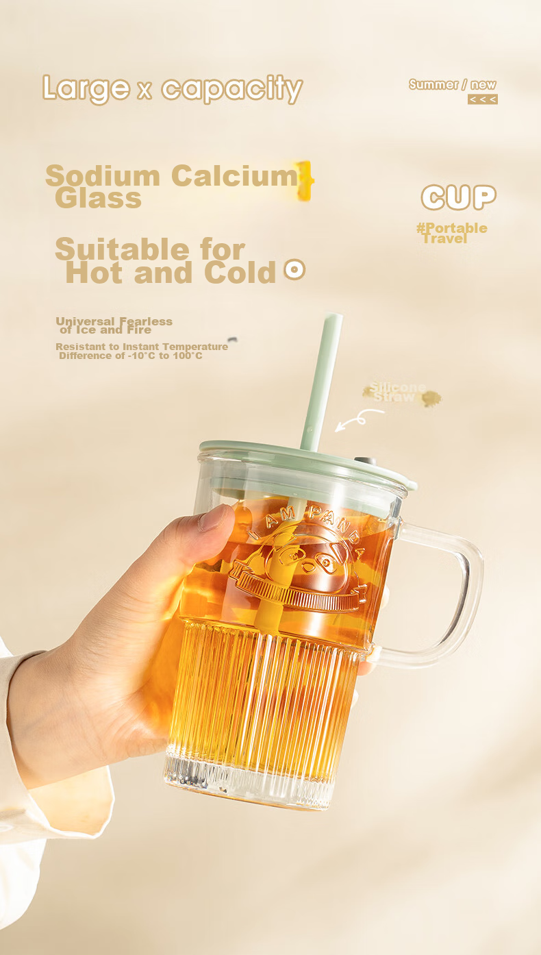 CAIZHI Glass Cup with Lid And Handle, Office Water Bottle with Straw, Large Capacity Cup, Transparent Mint Green CZ6940 2