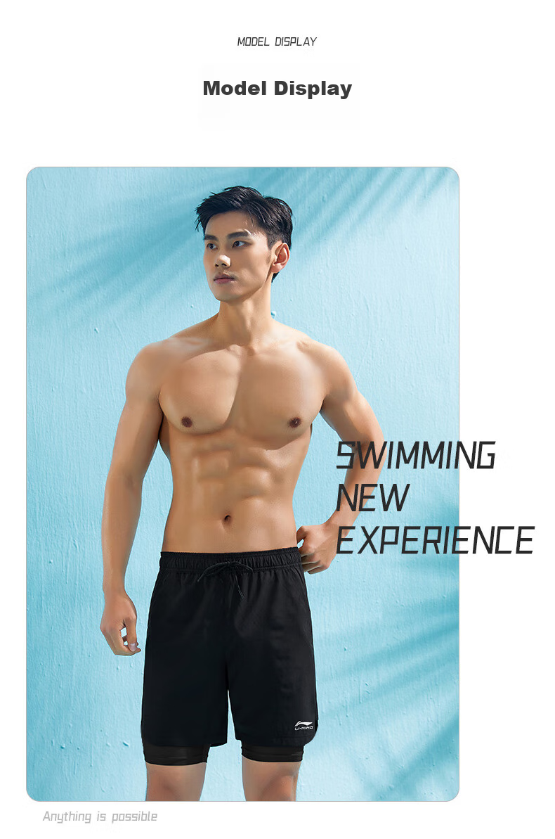 LI-NING Swimming Trunks, Double-Layer Anti-Embarrassment, Knee-Length Swim Shorts, 607/3961 Basic Knee-Length Black, XXXL 10