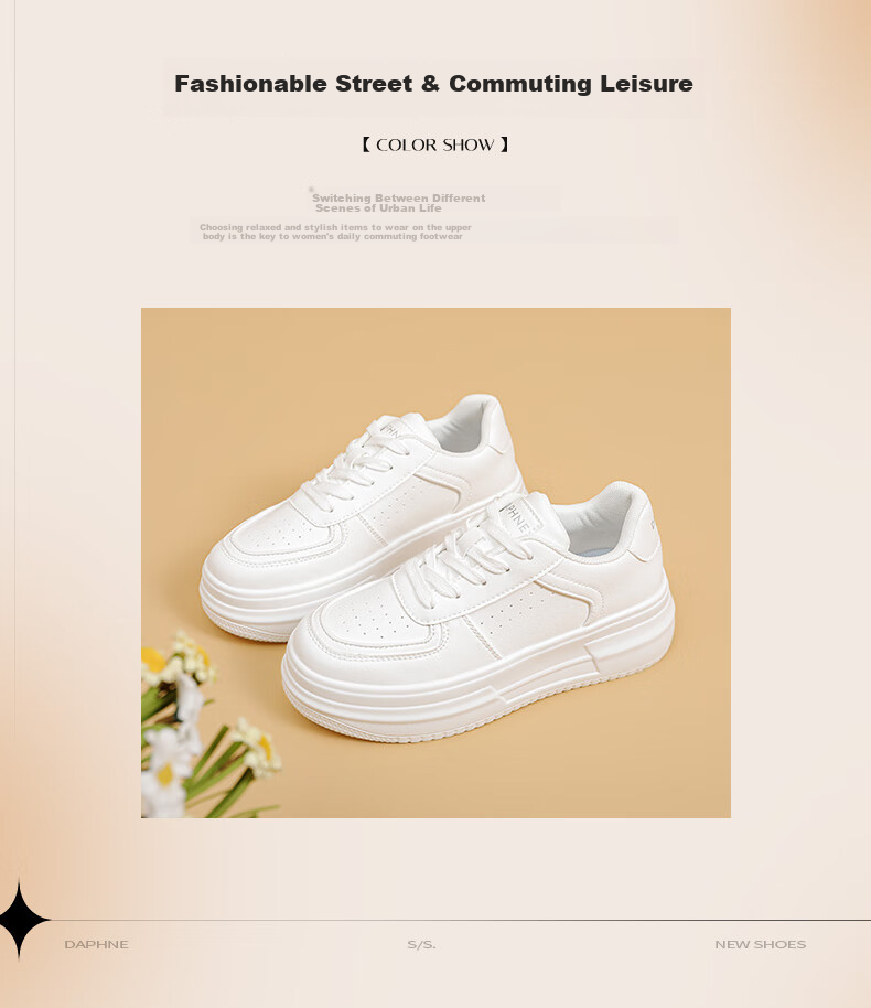 DAPHNE Thick-Soled White Sneakers for Women, 2026 New Popular Style, Casual Sports Shoes, Versatile Board Shoes for Women, White, Size 38 2