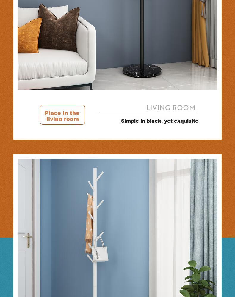 Jialiren Coat Rack, Floor-Standing Clothes Hanger, Luxury Marble Tray, Bedroom Living Room Corner Standing Hook Coat Rod, Bag Hanger 20