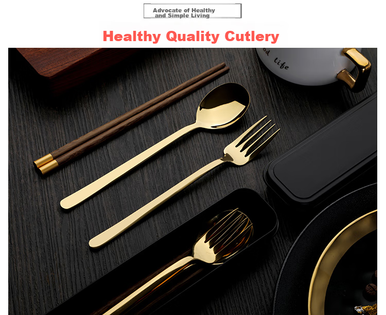 Shihua 304 Stainless Steel Spoon And Fork with Chicken Wing Wood Chopsticks Set, Four-Piece Portable Cutlery for Students, Adults And Travel 4