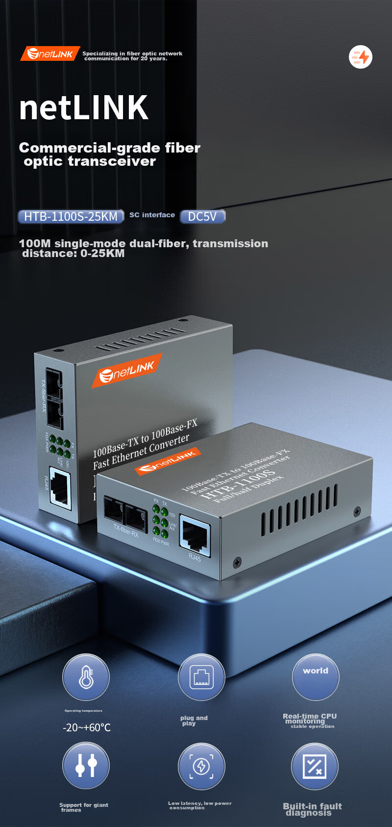 NetLINK HTB-1100S Gigabit Single-Mode Dual-Fiber Optical Transceiver, Telecom-Grade Optical-Electrical Converter, 0-25km, DC5V, One Pair 1