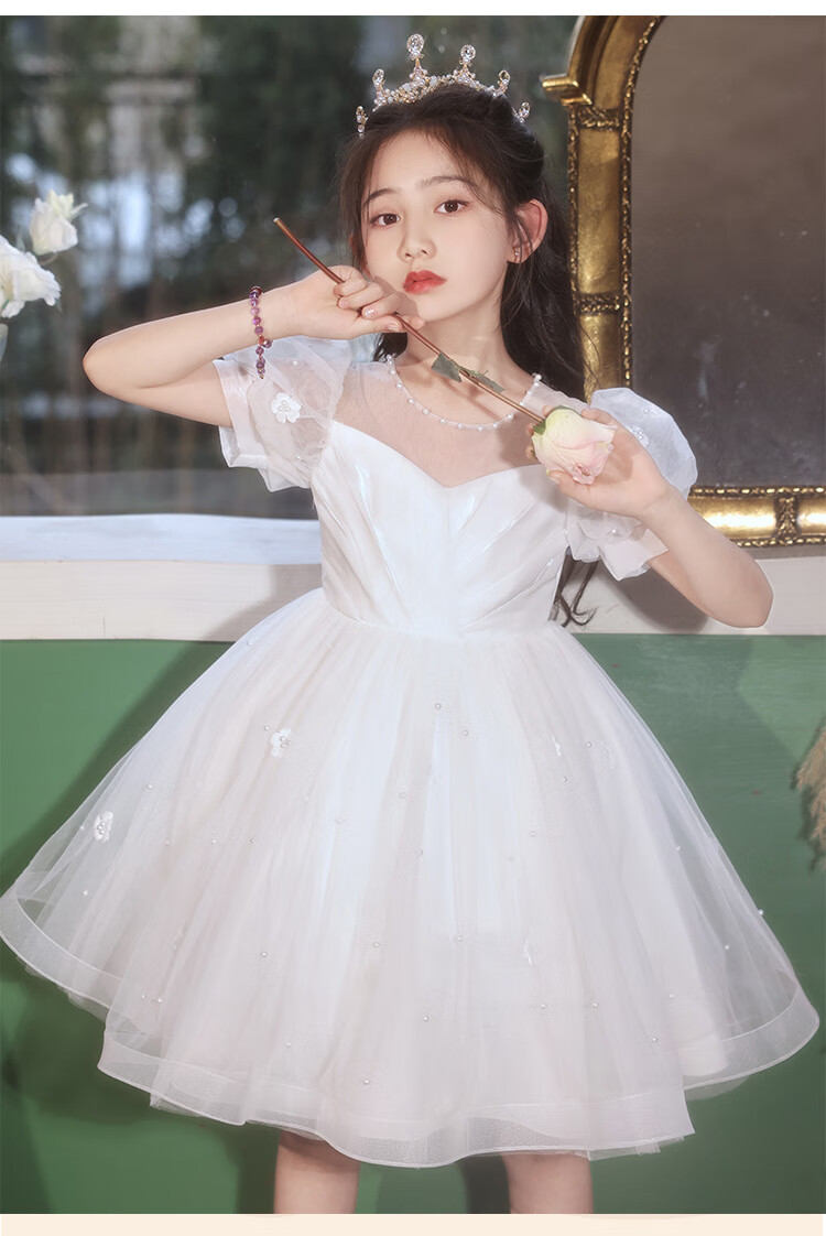 LUOBOBEIBEI Girls' Formal Dress, Children's Birthday Princess Dress, Flower Girl Wedding Dress, Host Piano New Year Costume, White Dress, Size 150 10