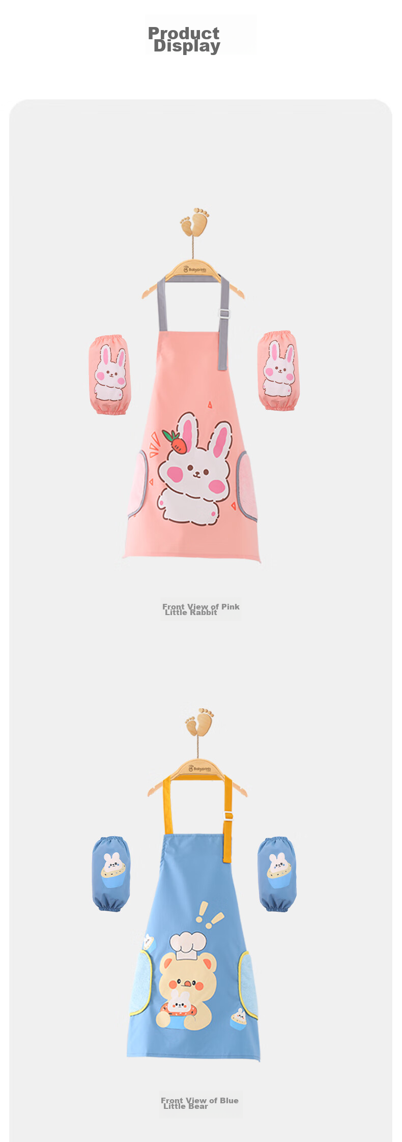 Babyprints Apron, Children's Smock, Baby Painting Clothes, Dining Kitchen Set, Waterproof And Stain-Resistant, with Sleeves, Hand-Wiping Function, Pink Rabbit Desig 9