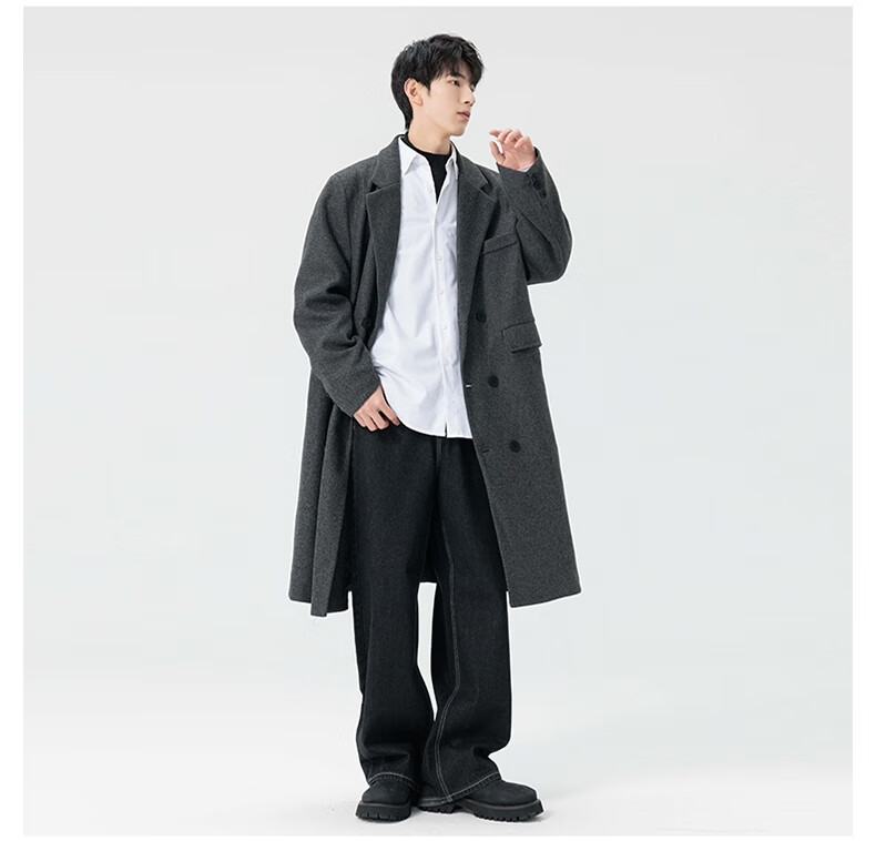 Dingfengbaoluo Men's Woolen Coat Autumn Winter Mid-Length High-End British Style Woolen Trench Coat HT99 Gray 5XL 5