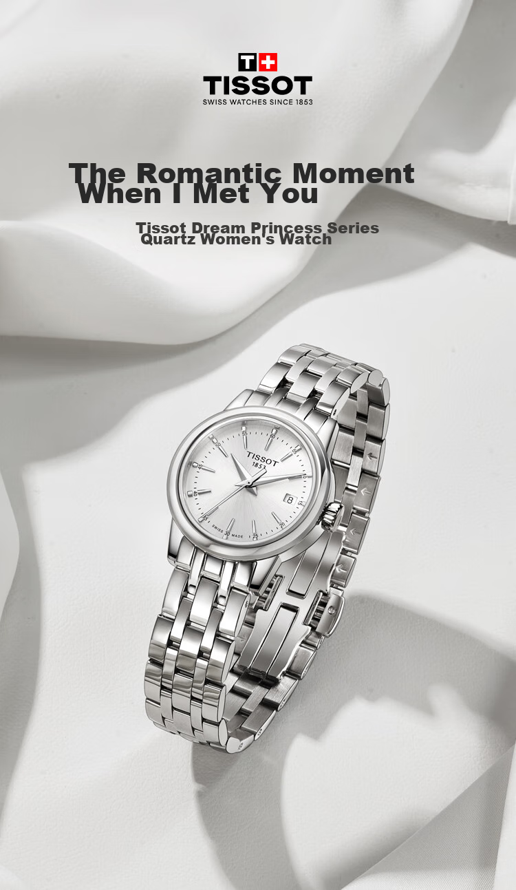 TISSOT Watch, Dream Round Series Women's Watch, Swiss Quartz Ladies Steel Strap Wristwatch, Fashionable Timepiece, Birthday Gift 1