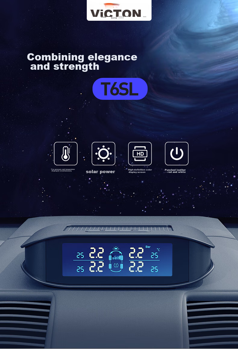Victon Tire Pressure Monitoring System, External, Solar-Powered Wireless, Tire Pressure And Temperature Display, T6SL, Color Scree 3