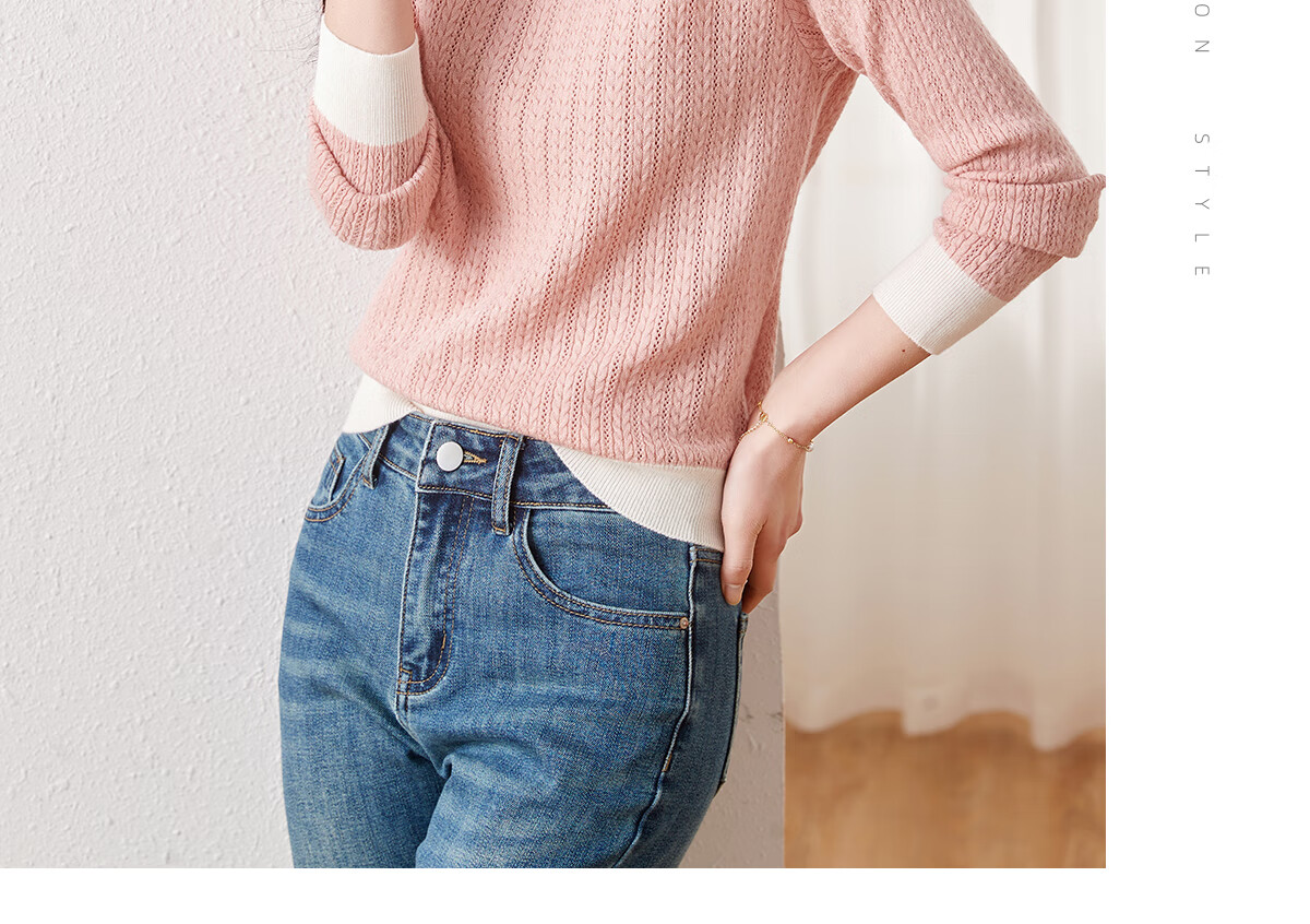 Chushen Spring And Autumn Knitted Sweater for Women, Fashionable Color-Block Round Neck Pullover Versatile Sweater Top S13KZ3554 White 9