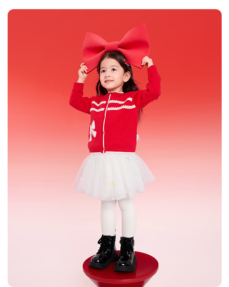 Balabala [balaOne] Girls' Little Chanel Style Knitted Cardigan Red New Year Spring Sweater 3