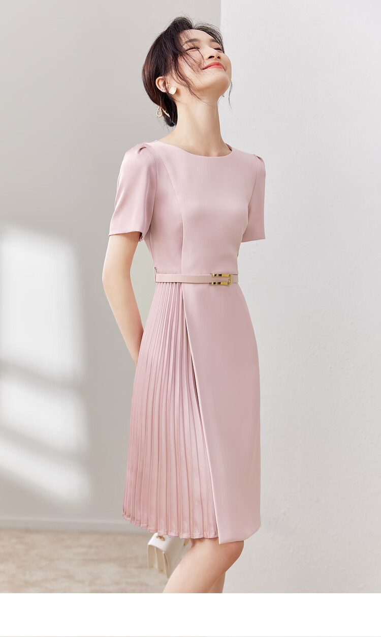 Sentubila Design-Inspired Patchwork Dress, Summer Elegant Pleated Skirt for Petite Figures, Apricot Color, Size S 19