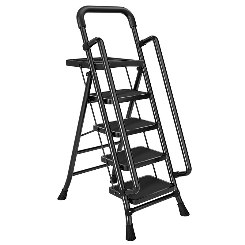Cenggao Household Folding Ladder with Handrail, Indoor Step Ladder, Lemon Yellow Tool Tray, 5 Steps, 26*38 Tread Ladder