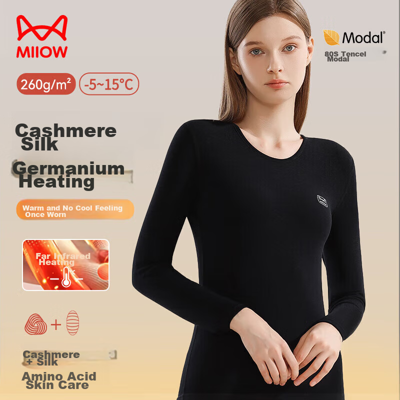 MiiOW Thermal Underwear for Women, Modal Base Layer with Cashmere And Silk, Autumn Top And Bottom Set, Black, Size L