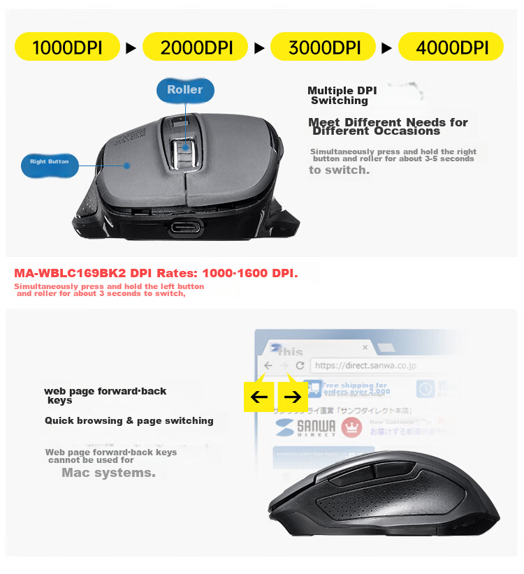 SANWA Ergonomic Wireless Dual-Mode Mouse, Quiet Blue Light, Mobile Phone Mouse, Type-C USB Switchable, Dual Receiver, Rechargeable WBLC169 Black 7