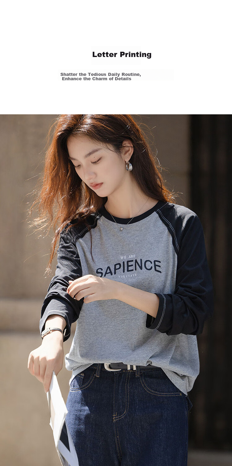 Demna【Light Enjoy Pure Cotton】Autumn American Leisure Splicing Round Neck Letter Print Elasticity Slimming Temperament Women's T-shirt 3