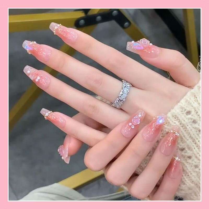 UPLUS Wearable Nail Stickers, 24 Pieces (Light Luxury Rose), Jelly Gel Fake Nails, Women's Gift