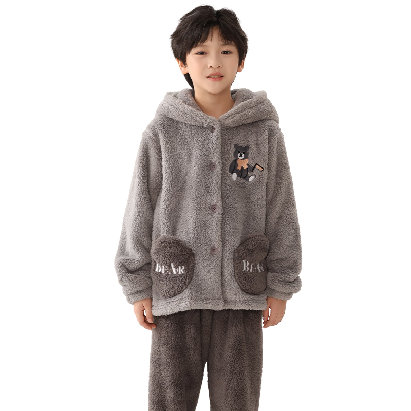 MiiOW Coral Fleece Children's Pajamas Boys' Set Thick Flannel Bear Hug Loungewear 24 Autumn Winter New Style 160
