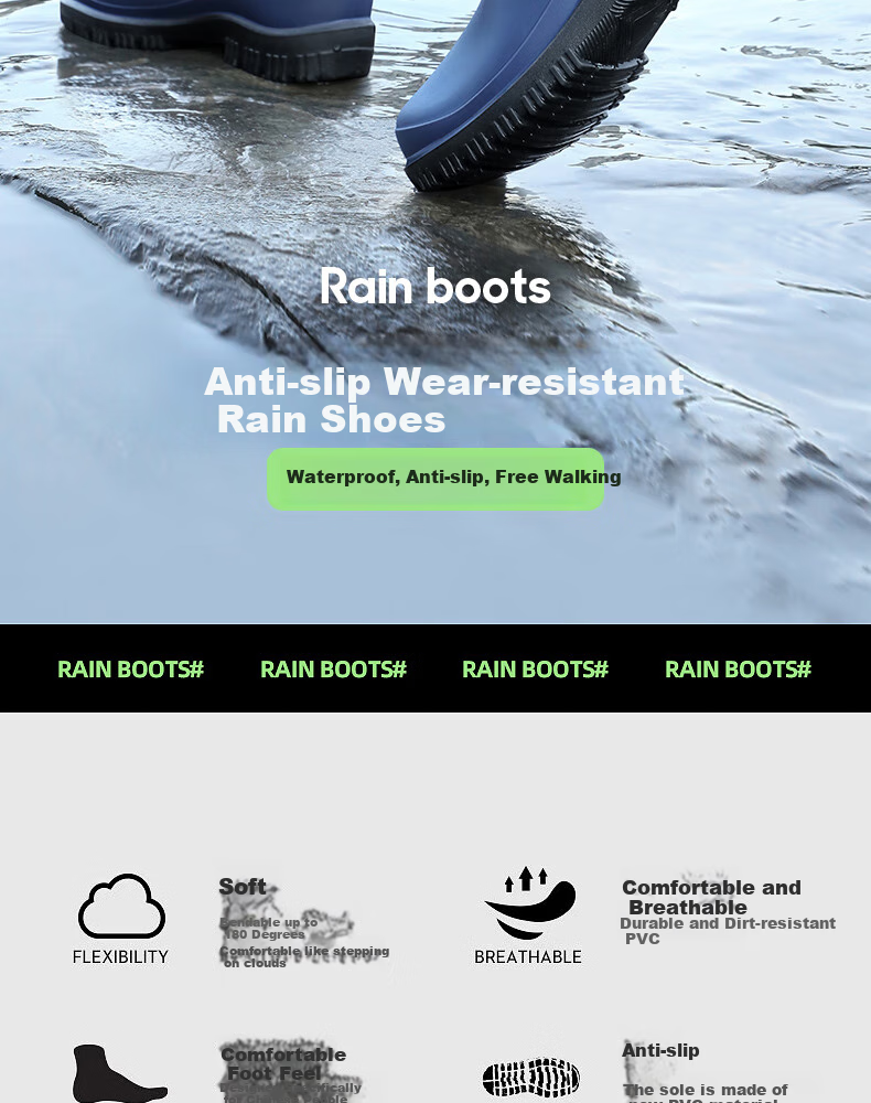 Beimei PVC Fashion Printed Adult Rain Boots - Size 40, Black, Elastic Cuff 2