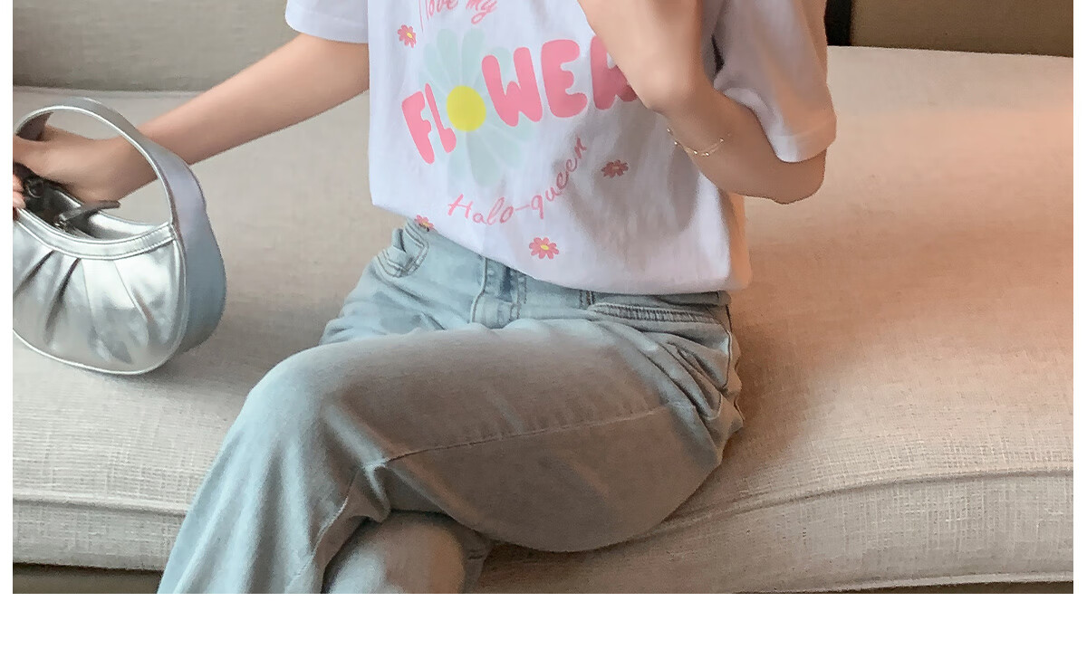 Halo Queen Women's Short-Sleeve T-Shirt, Summer Undershirt, Inner Layer Top, Trendy Letter Print, Loose-Fitting T-Shirt, H143T1418 45