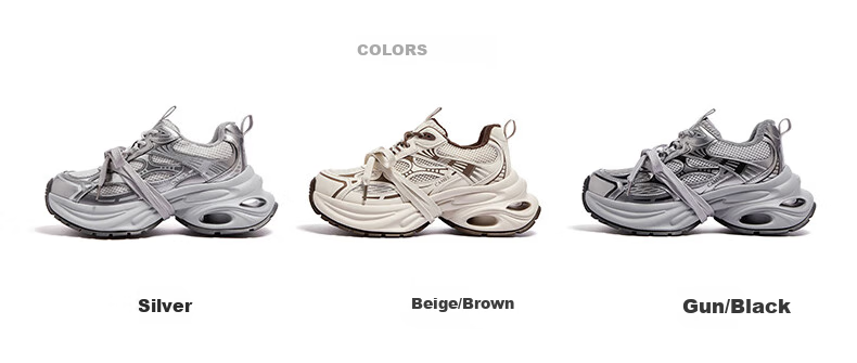 CAMEL Silver Dad Sneakers Women Breathable Mesh Height Increasing Thick Sole Sports Casual Shoes L25A283140 Gun/Black 40 24