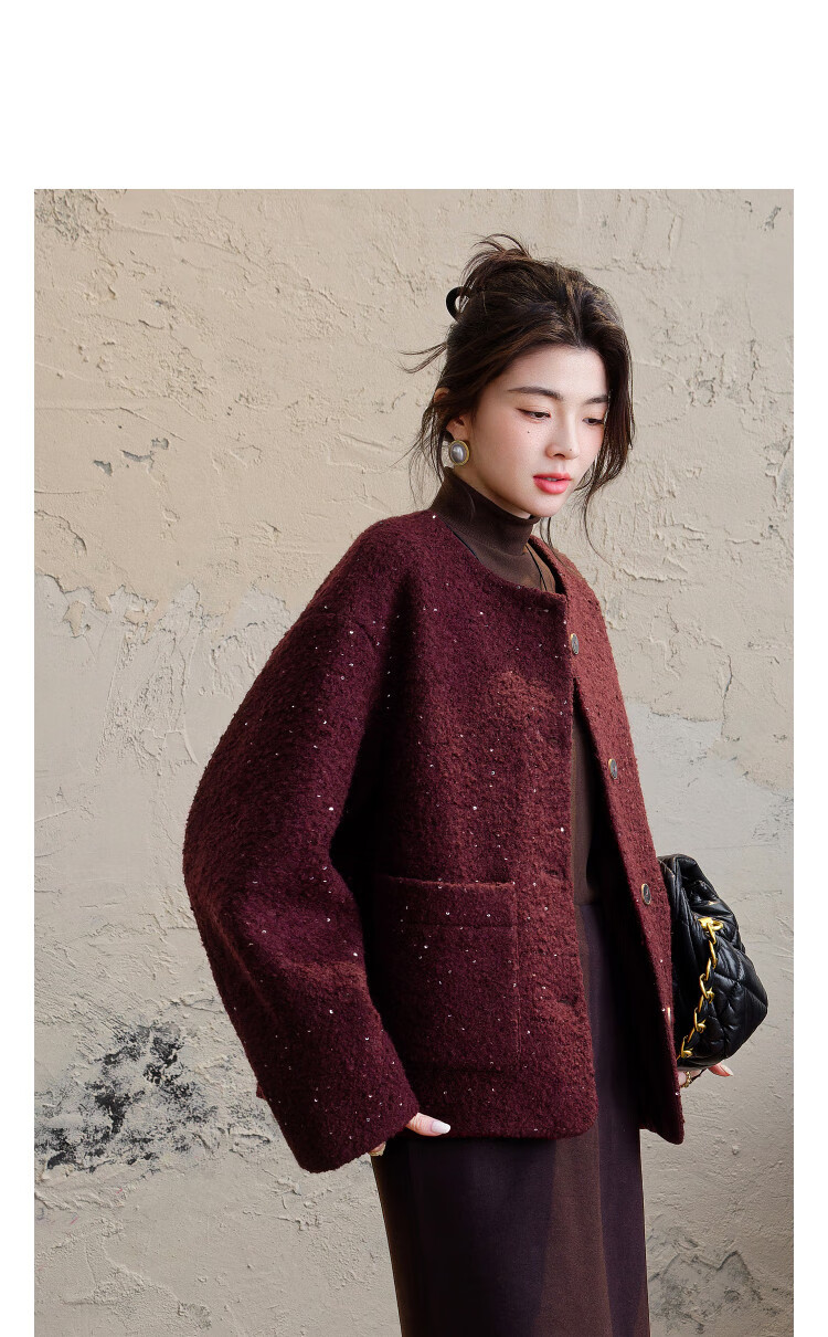 Demana Luxury Soft Wool Winter Intellectual Round Neck Boxy Thick Warm Sequin Loose Double-Faced Wool Coat for Women 2