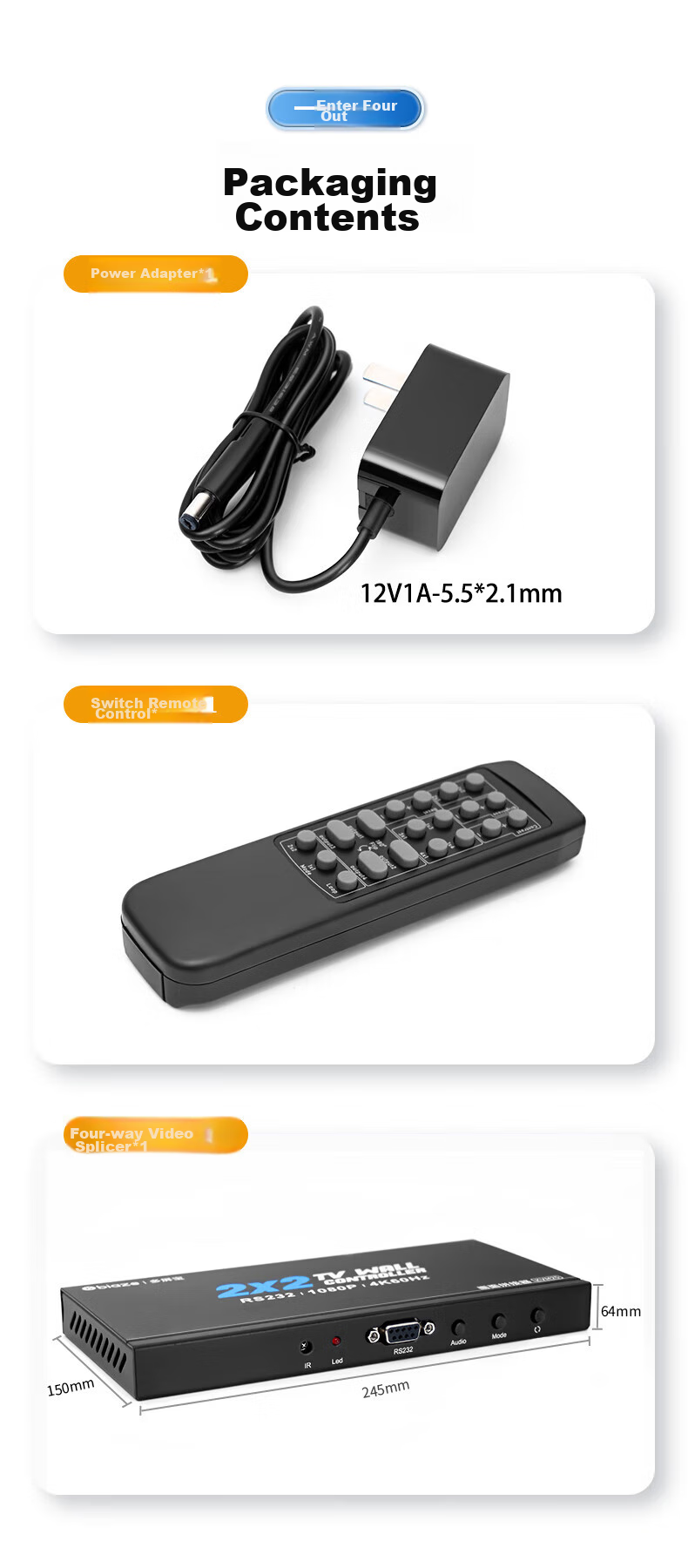 BIAZE Multi-Screen Treasure HDMI Video Picture Splicing Device, One Input Four Output Video Fusion Processor, High-Definition 4K@60Hz TV Screen Splicing Controller, 4-Channel Processor 14
