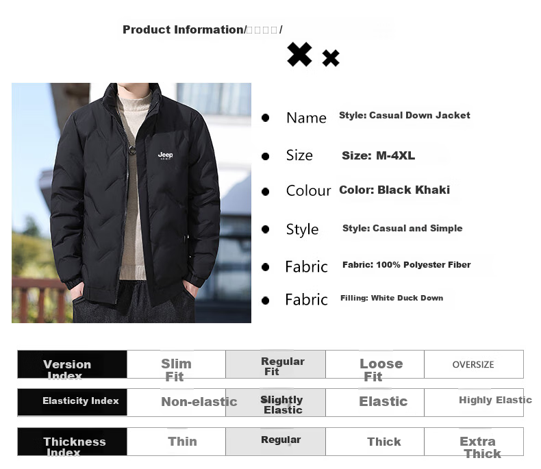 JEEP SPIRIT Men's Autumn Winter Down Jacket White Duck Down Thickened Warm Coat Black 5XL 10