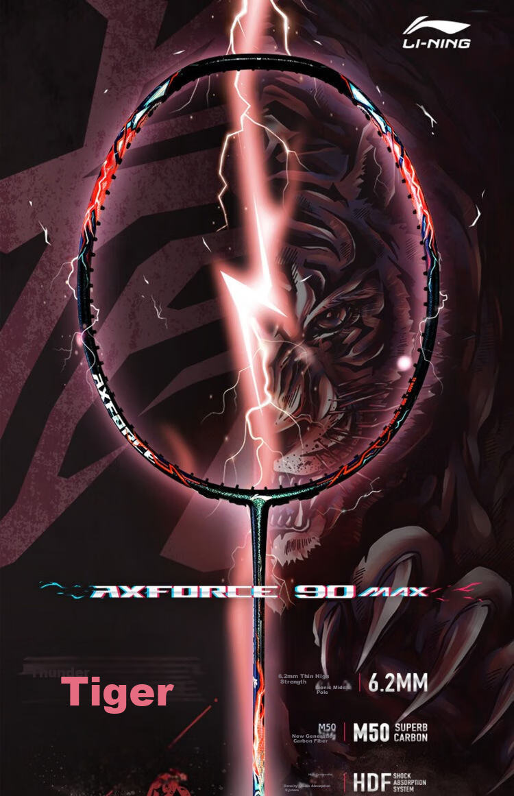 Li-Ning Badminton Racket Thunder 90 Tiger Edition Max Offensive Single Racket, Full Carbon Professional Competition Grade Racket, 3U Unstrung Racket 9
