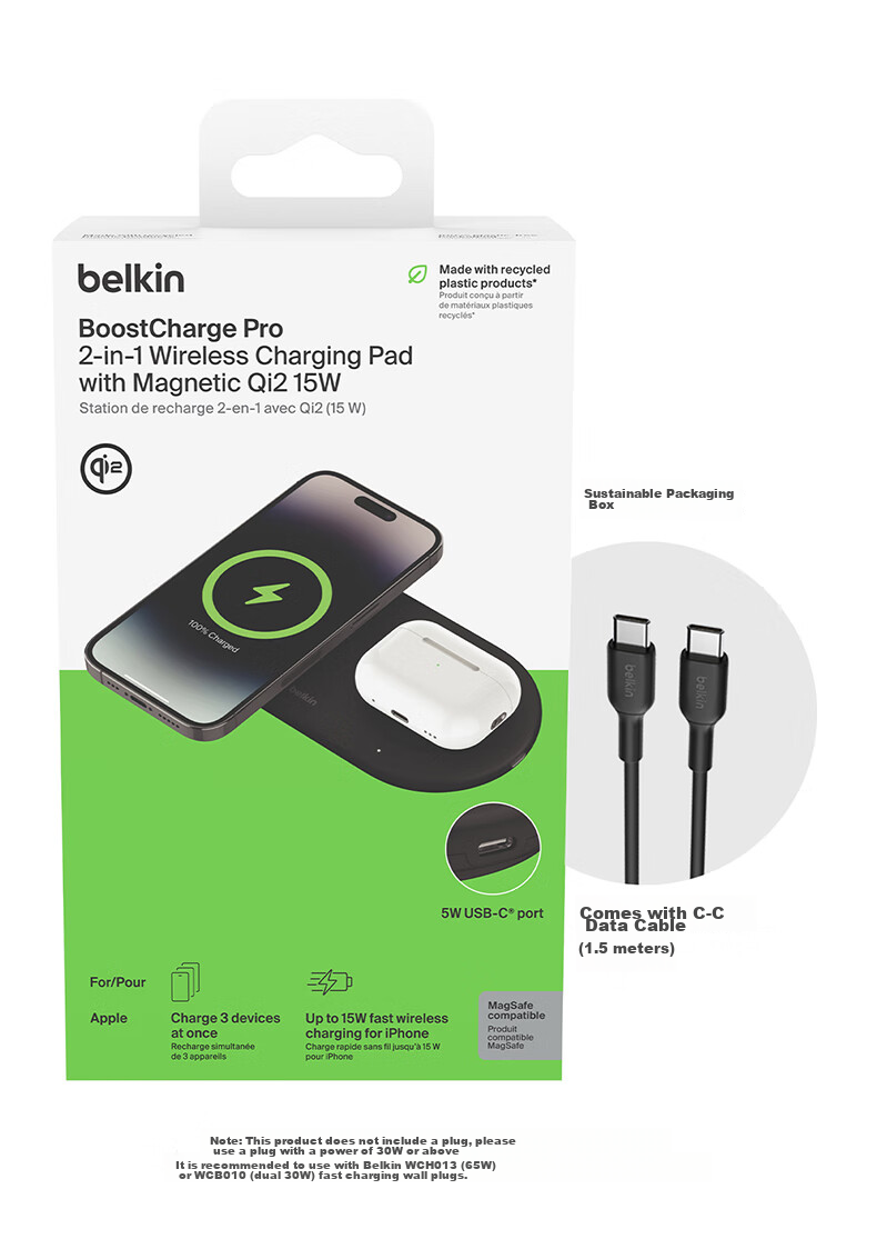 BELKIN Apple Wireless Charger, Qi2 Certified Magnetic Fast Charging, IPhone 15W Quick Charge, Compatible with MagSafe Rapid Charging, Panel-Style Two-In WIZ028 White 19