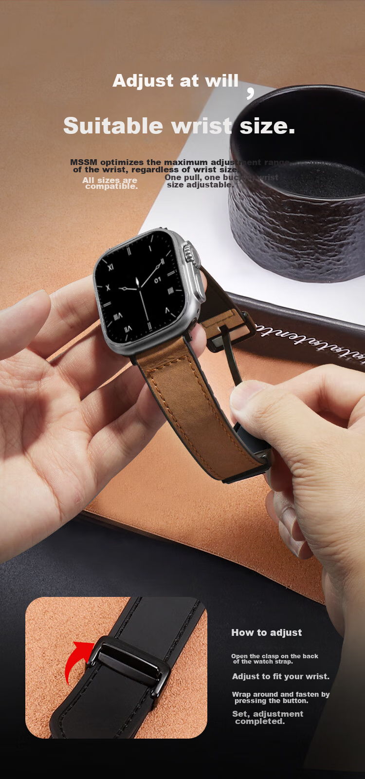 MSSM Compatible Apple Watch Band, Apple Watch Crazy Horse Pattern Magnetic Buckle Genuine Leather IWatch Strap S12/11/ultra4/S10/9/8/SE3, Dark Brown, 38-42 9