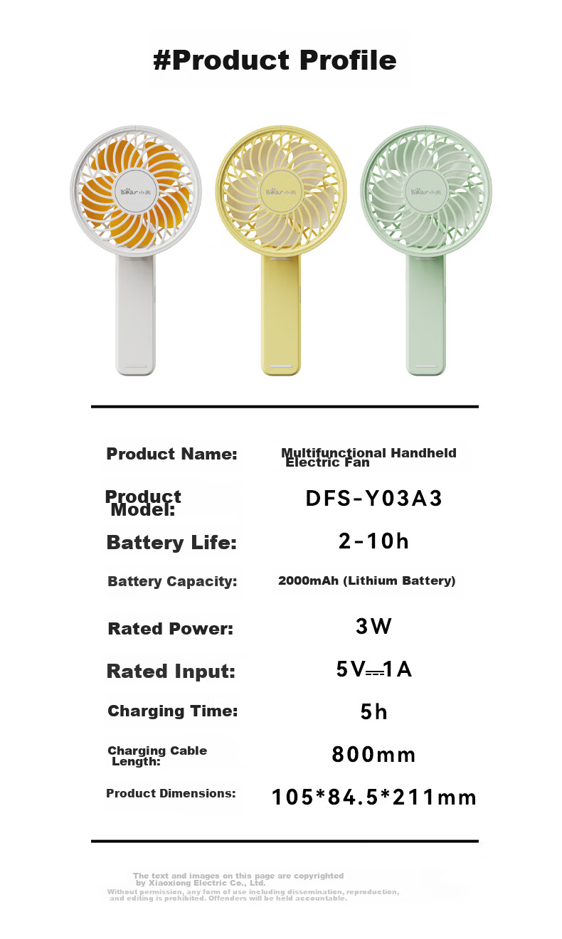 Bear Handheld Fan, Small Portable USB Fan for Office, Student Desk, Dorm, Low Noise, Personal Use, Three-Speed Adjustable, Wireless Charging Battery Model 10
