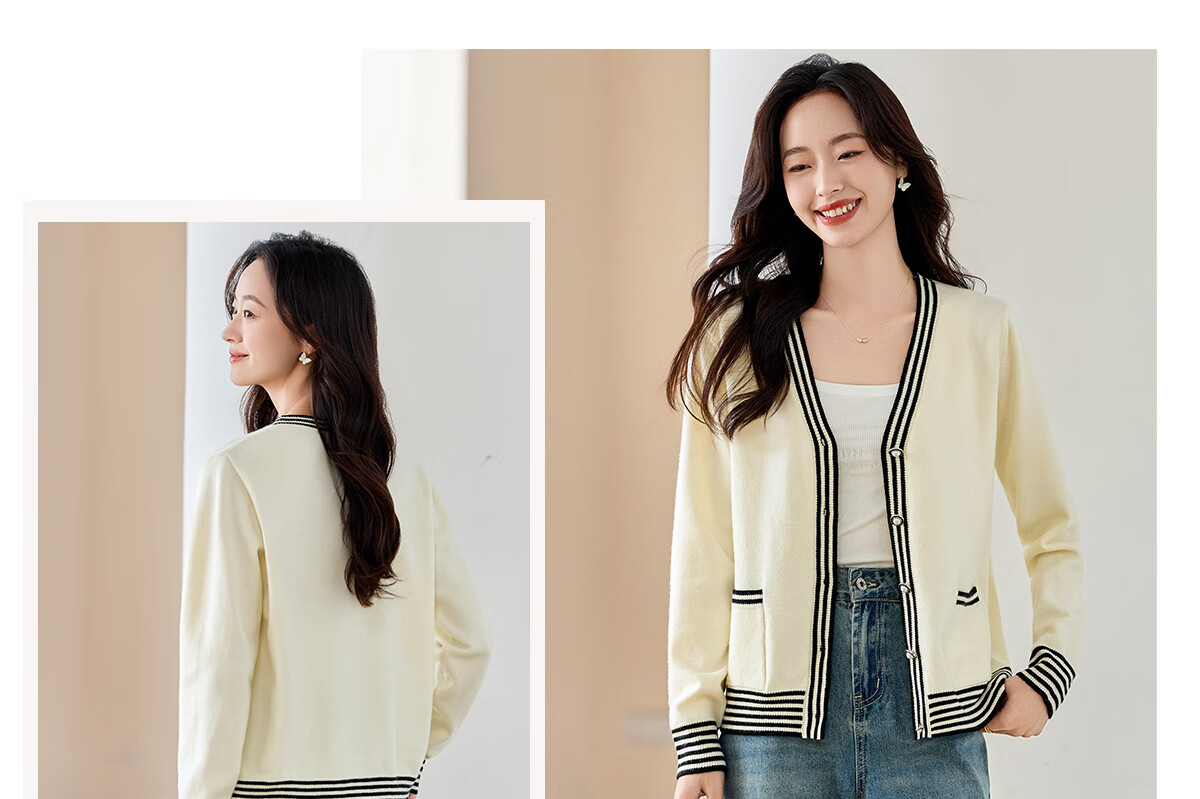 Chushen Women's Spring and Autumn Knitted V-Neck Sweater Color-Block Design Cardigan Jacket S143Z1008 10