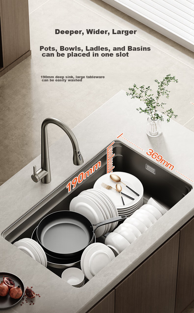 ARROW Kitchen Large Single Bowl, 304 Stainless Steel Embossed Sink, Nano-Embossed Vegetable Washing Basin, Undermount Sink 19