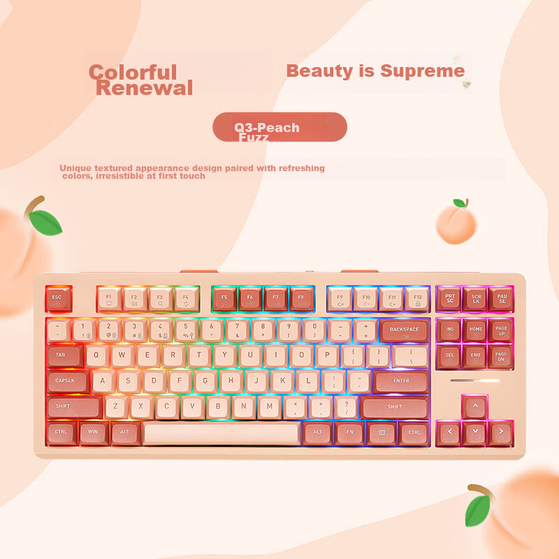 Hyeku Q3 87-Key Tri-Mode Wireless Bluetooth Customizable Mechanical Keyboard Full Hot-Swappable Gasket Structure Keyboard for Gaming And Office Use Peach Velvet Color Kailh Meme Switch