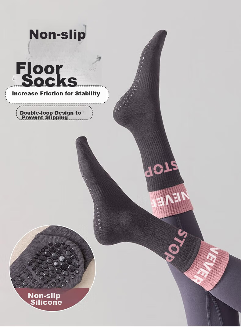Duweike Yoga Socks for Women, Mid-Calf Fitness Sports Socks, Cotton Long Socks, Fake Two-Piece Floor Non-Slip Dance Socks, Pink 1