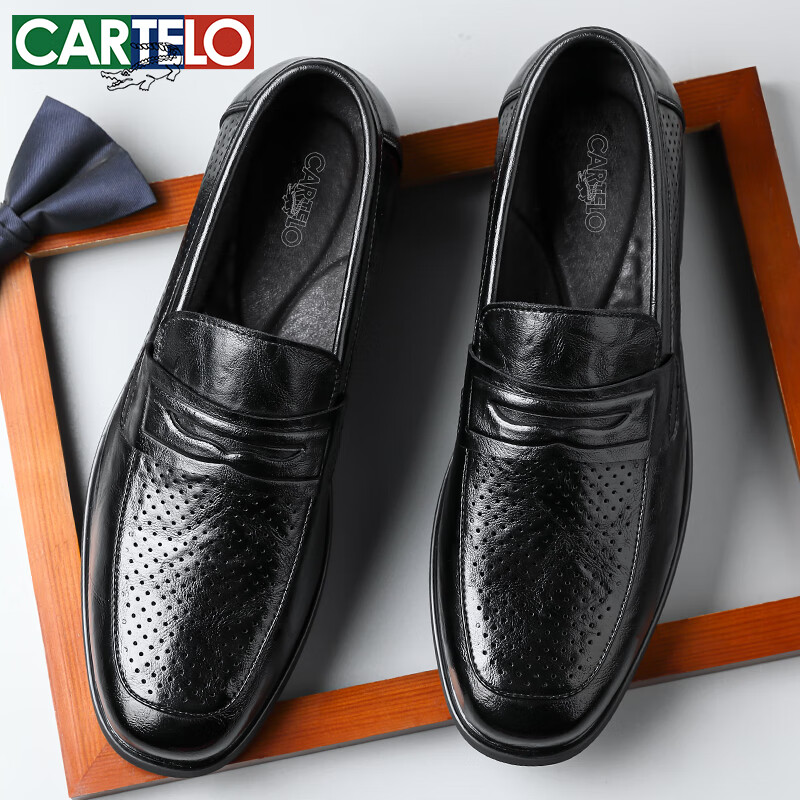 CARTELO Men's Leather Shoes, Summer Breathable Business Casual Shoes, Loafers, Slip-On Hollow Leather Shoes, Men's 9934 Black, Size 41