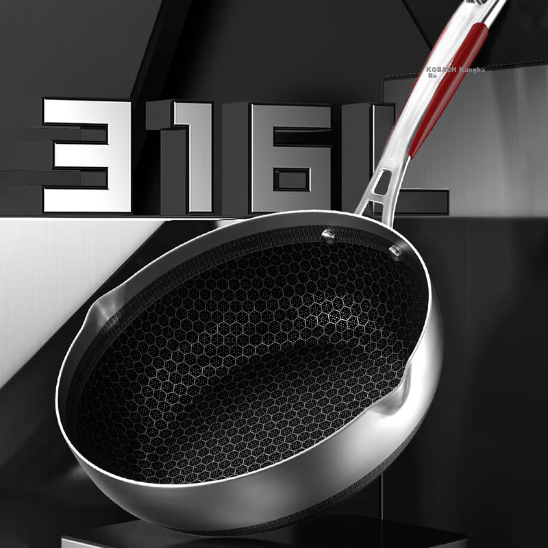 KOBACH Fifth Generation Non-Stick Wok, 316L Stainless Steel, Small Luxury Pan, Flat Bottom Frying And Stir-Frying Pan, 24cm (Suitable for 1-3 People)