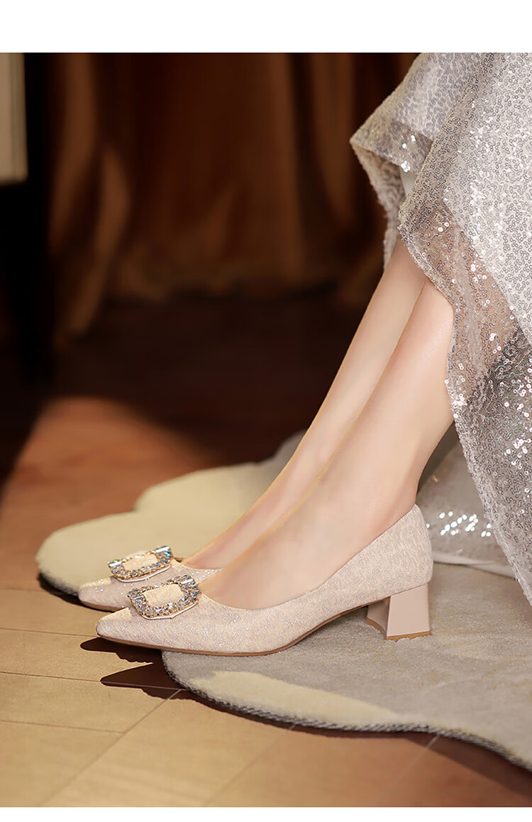 Josiny Rhinestone Square Buckle Pointed Toe Slip-On Chunky Heel Fashion Shoes, Spring Stylish Versatile Elegant Women's Pumps, Light Gold, Size 37 16