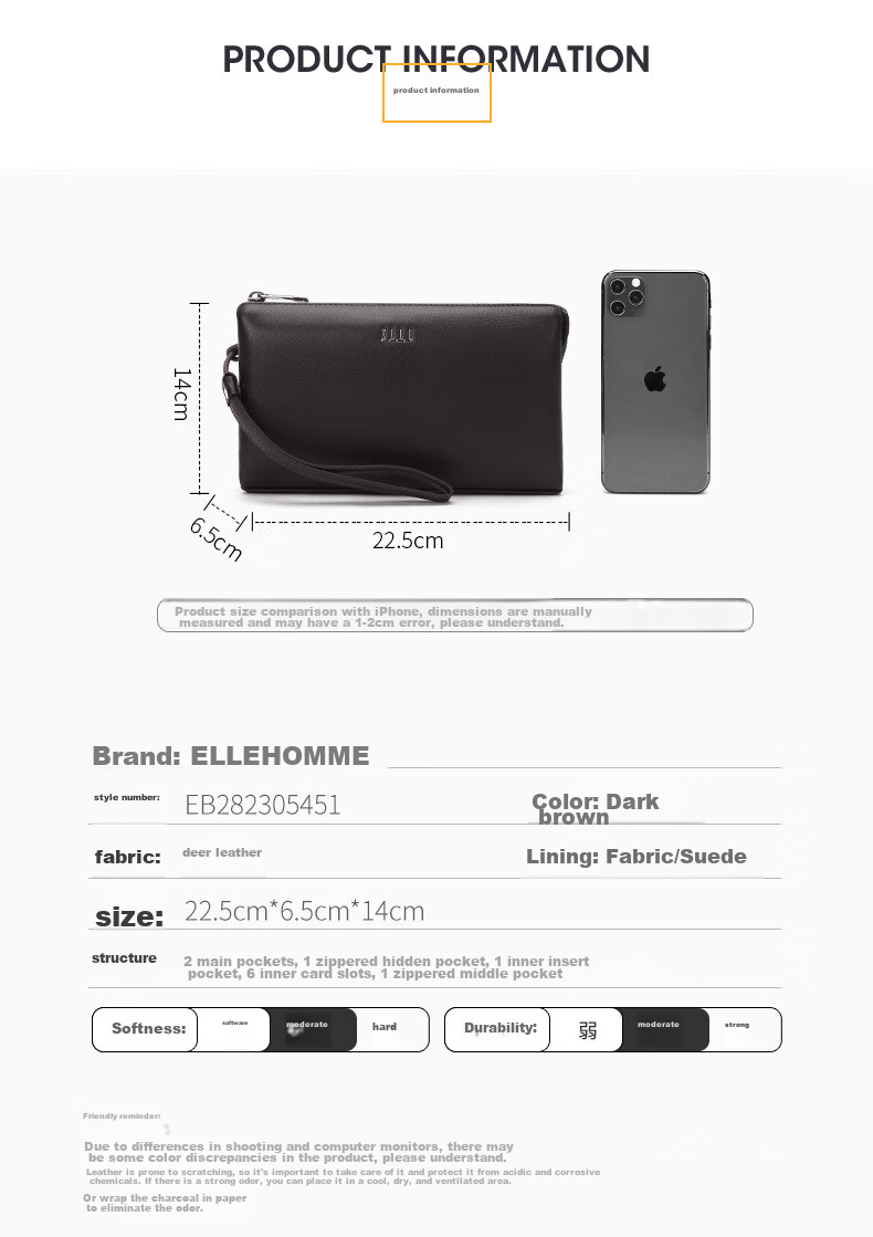 ELLE HOMME Men's Clutch, Top-Grain Leather Zipper Wallet, Large Capacity Handbag, Fashionable Men's Bag 05451 Dark Brown, Birthday Gift for Boyfriend 5