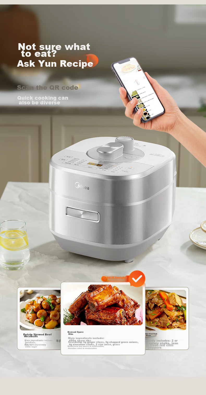 Midea Electric Pressure Cooker, Non-Coated IH High-Pressure Cooker, 5L Household Soup Pot, Fully Automatic Intelligent Reservation, Dual Inner Pot for Rice Cooking, 4-6 People Quick Release MY-S5971K 15