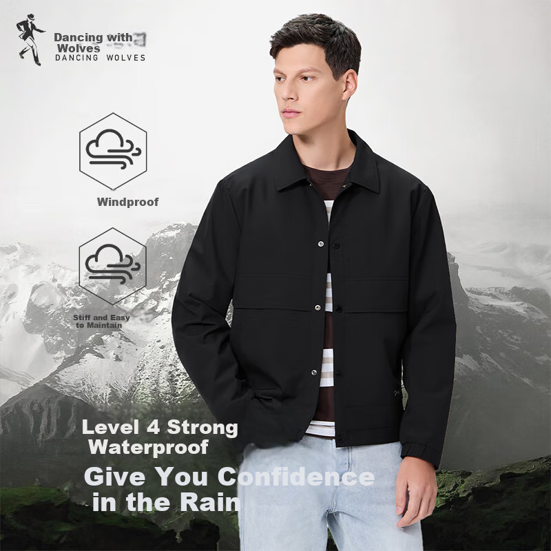 DANCING WOLVES [4A Waterproof] Lightweight Outdoor Workwear Jacket, Casual Easy-Care Versatile Men's Coat, 001 Black, Size S
