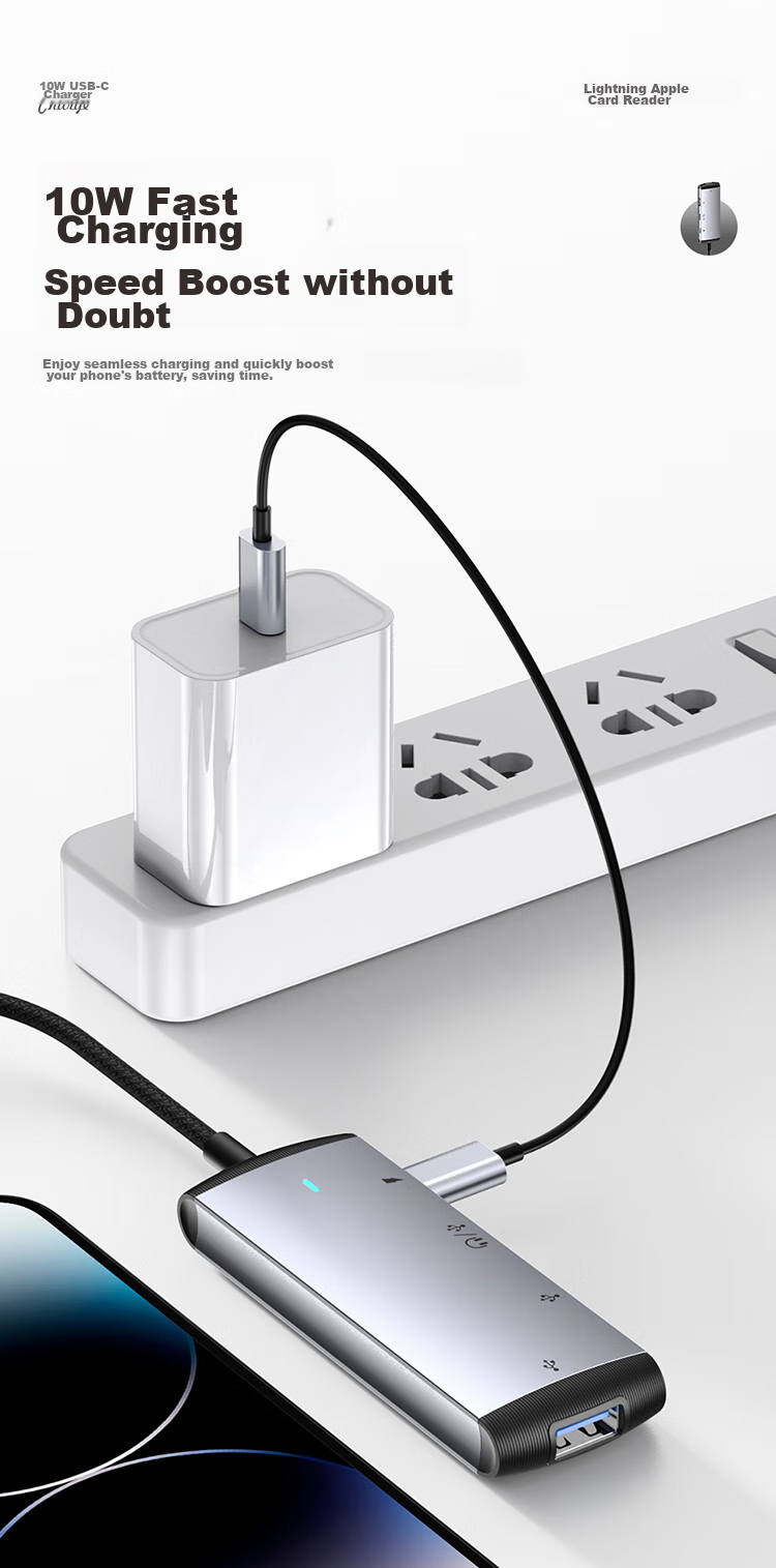 DOOSEYUON Apple Phone Adapter, Type-C Four-In Card Reader, OTG TF Card, High-Speed Transfer, Compatible with Apple Devices, IPad Mini, Handheld Game Fast Charging 5