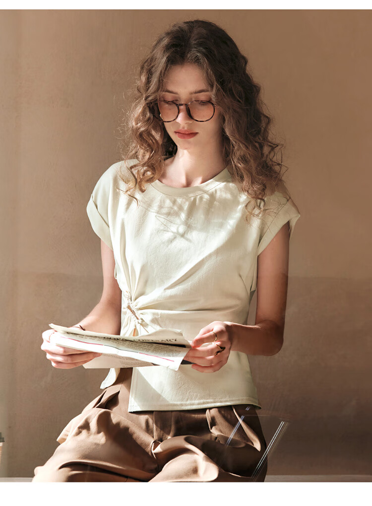 Olrain Irregular Pleated Waist-Tied T-Shirt Women's Summer Stylish Short Sleeve Top Milk Tea Color M 13