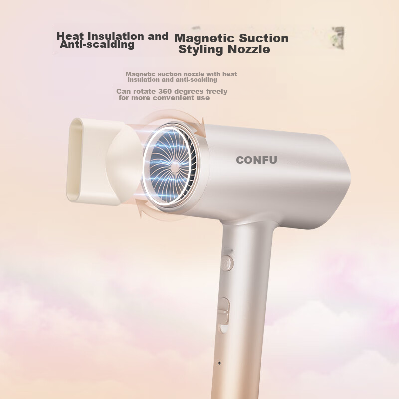 Фен Kangfu (CONFU) KF-3157, 1800 Вт, с защитой волос отрицательными ионами, золотистый